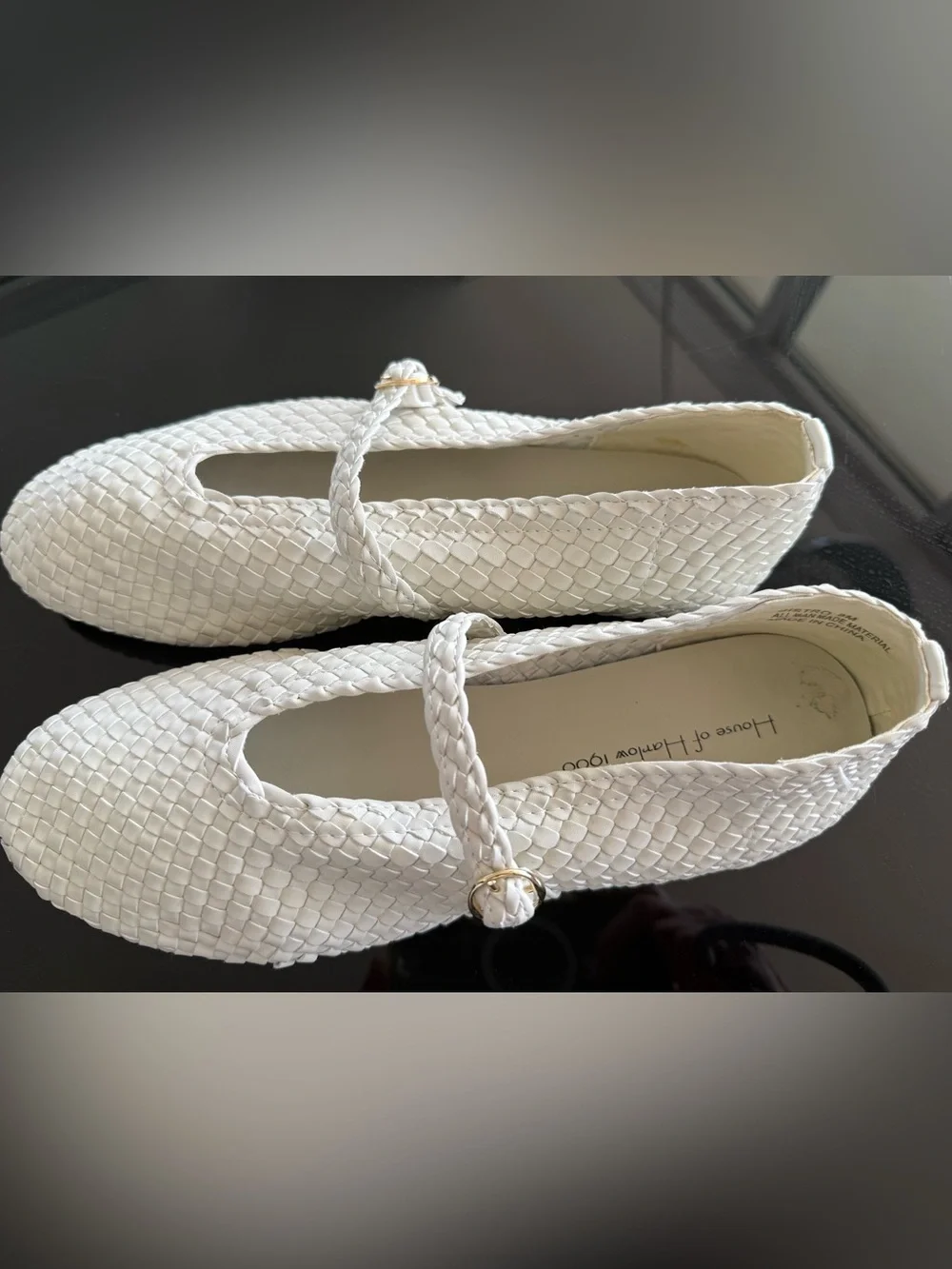 House of Harlow 8M Woven White Mary Jane Flats with Gold Buckle